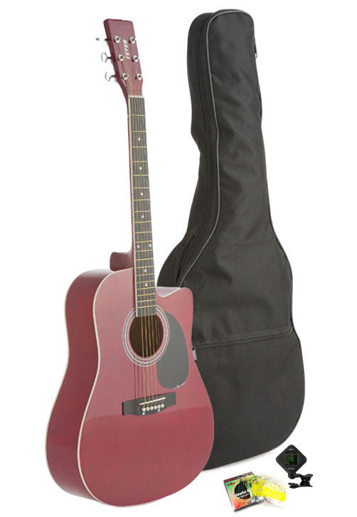 Fever Dreadnought Cutaway Acoustic Guitar Red with Bag, Tuner and Strings