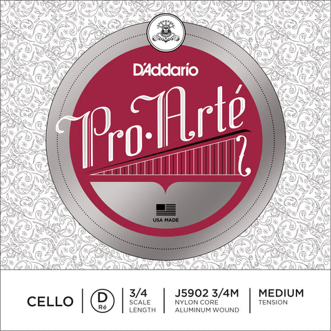 D'Addario Pro-Arte Cello Single D String, 3/4 Scale, Medium Tension