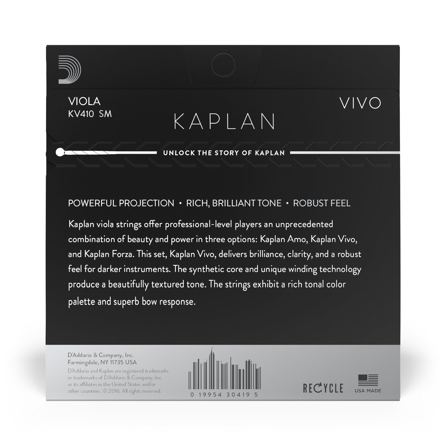 D'Addario Kaplan Vivo Viola String Set, Short Scale, Medium Tension