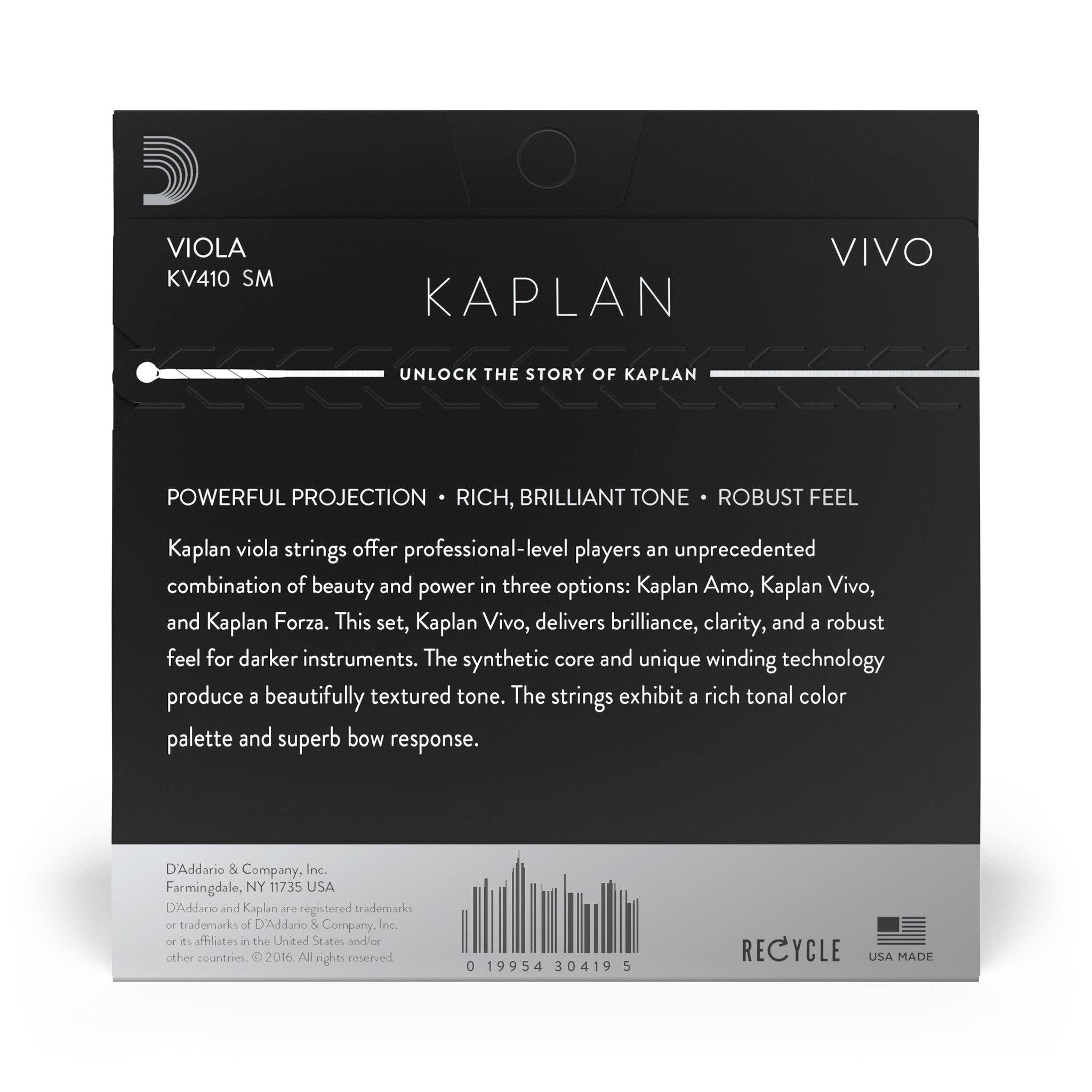 D'Addario Kaplan Vivo Viola String Set, Short Scale, Medium Tension