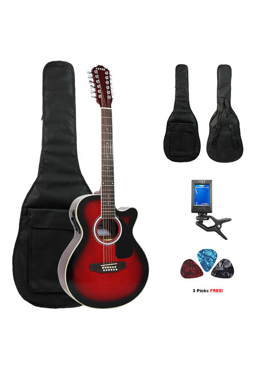 Fever 12 String Acoustic Electric Guitar with Bag, Tuner and Picks, Redburst