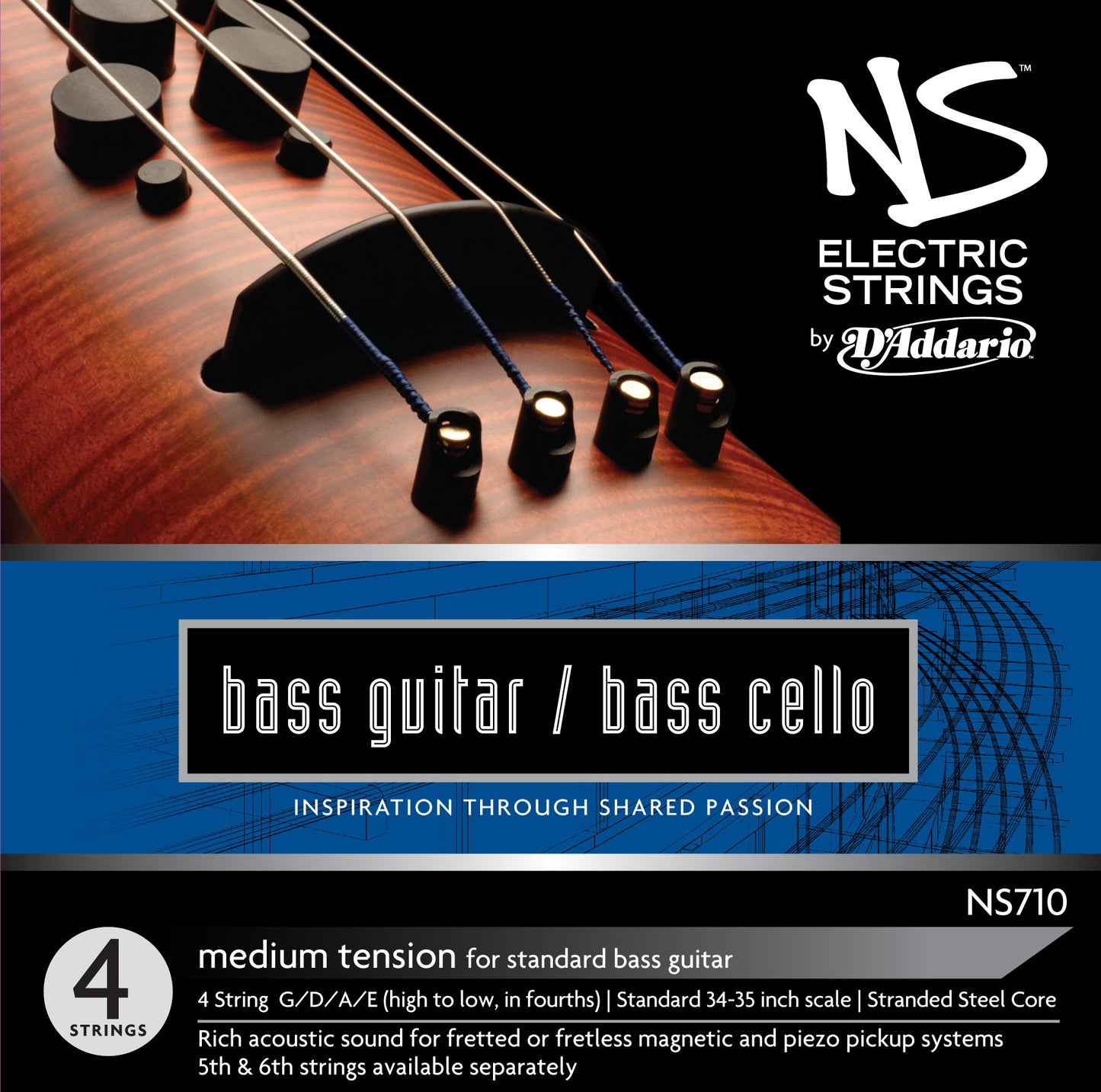 D'Addario NS Electric Bass/Cello String Set, 4/4 Scale, Medium Tension