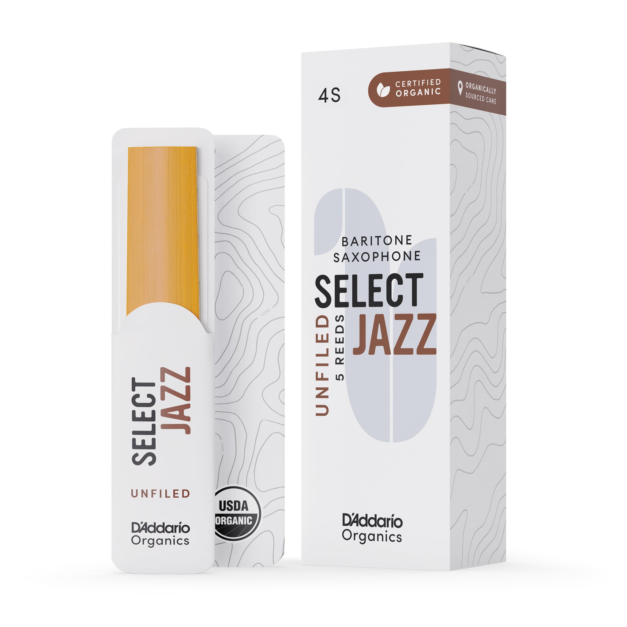 D'Addario Organic Select Jazz Unfiled Baritone Sax Reeds Strength 4 Soft, 5-pack