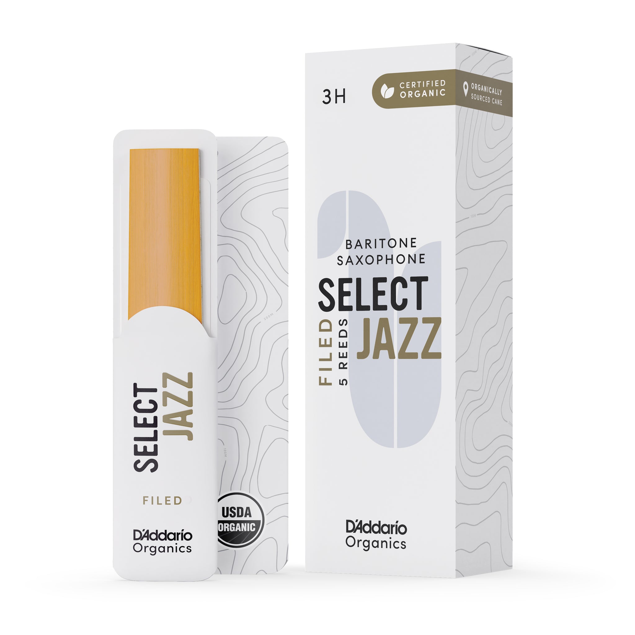 D'Addario Organic Select Jazz Filed Baritone Sax Reeds, Strength 3 Hard, 5-pack