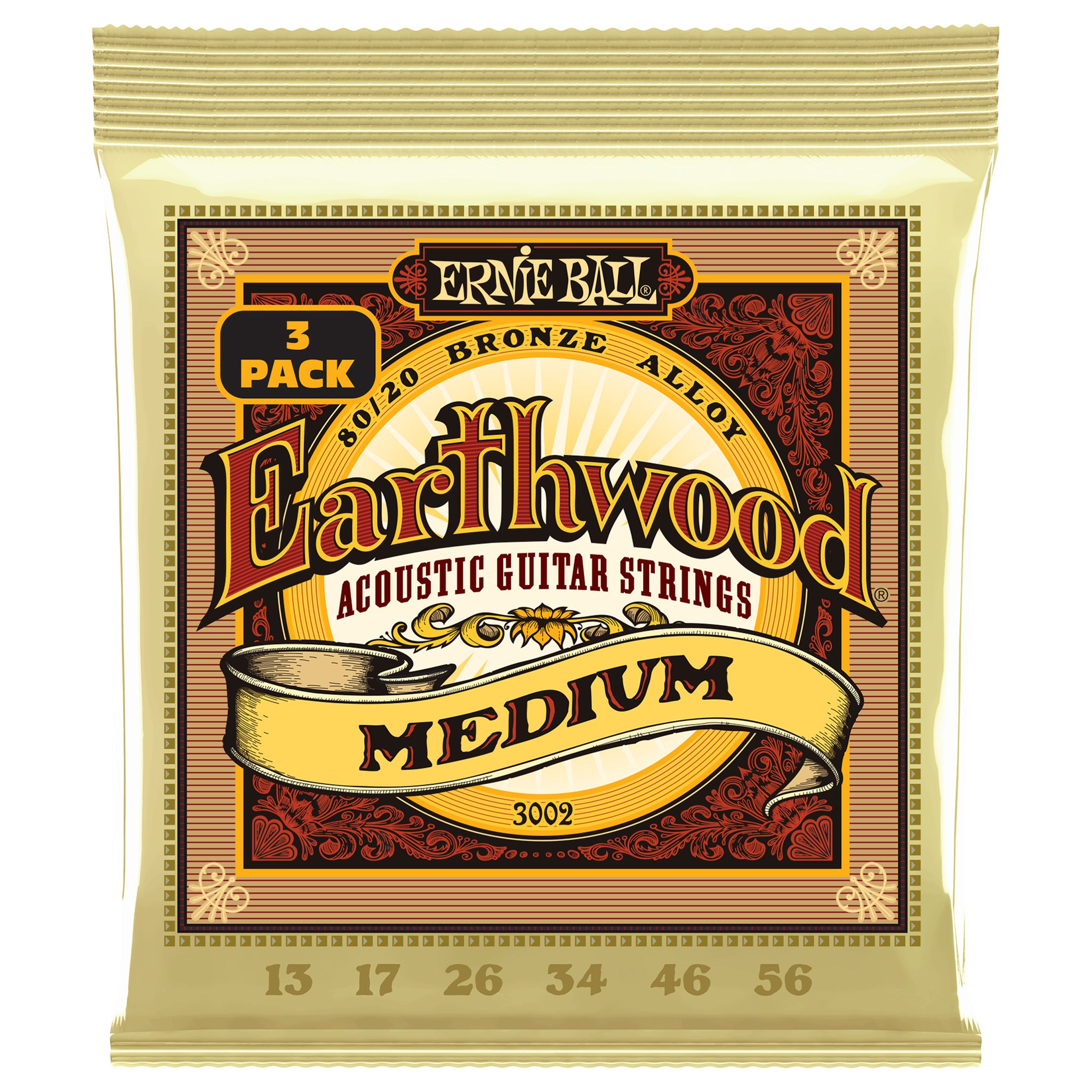 Ernie Ball Earthwood Medium 80/20 Bronze Acoustic Guitar Strings 3 Pack 13-56