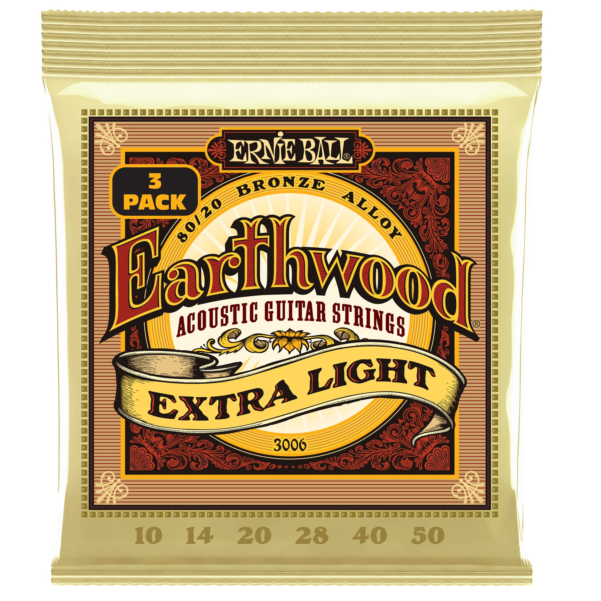 Ernie Ball Earthwood ExtraLight 80/20 Bronze Acoustic Guitar String 3-Pack 10-50