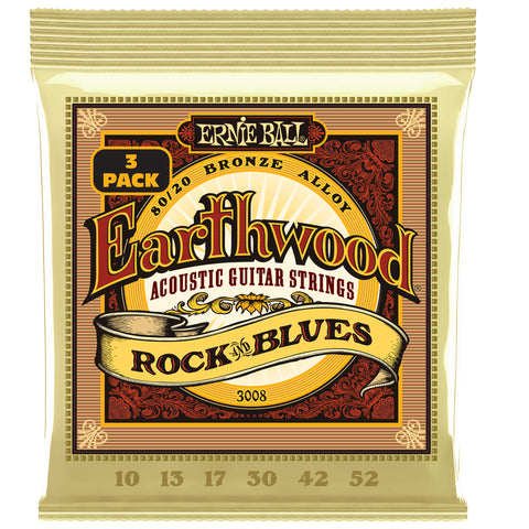 Ernie Ball Earthwood Rock & Blues w G 80/20 Acoustic Guitar Strings 3-Pack 10-52