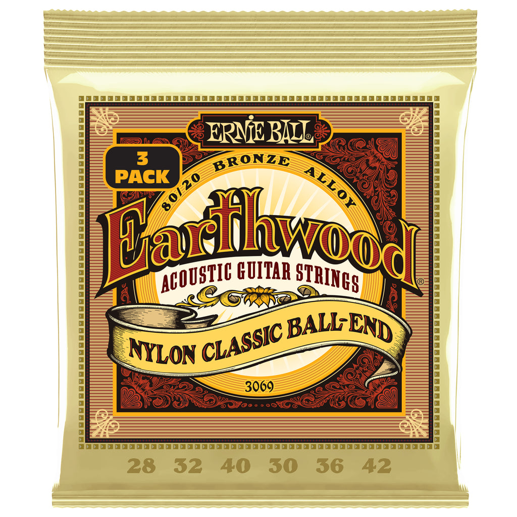 Ernie Ball Earthwood Nylon, Clear & Gold Ball End, Guitar Strings 3 Pack 28-42
