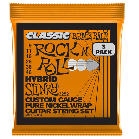 Ernie Ball Hybrid Slinky Classic Rock n Roll Pure Electric Guitar Strings 3 Pack