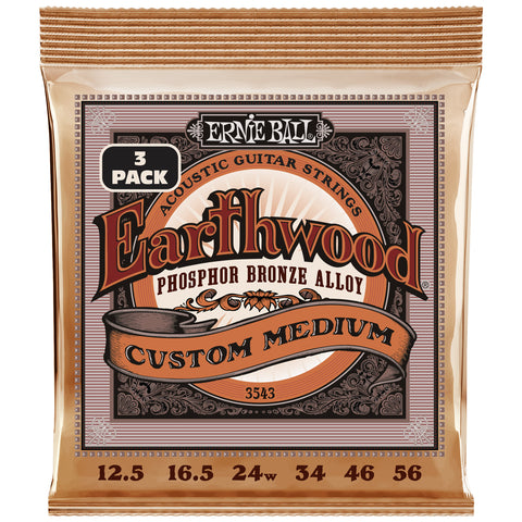 Ernie Ball Earthwood Custom Med Phosphor Bronze Acoustic Strings 3 Pack, 12.5-56