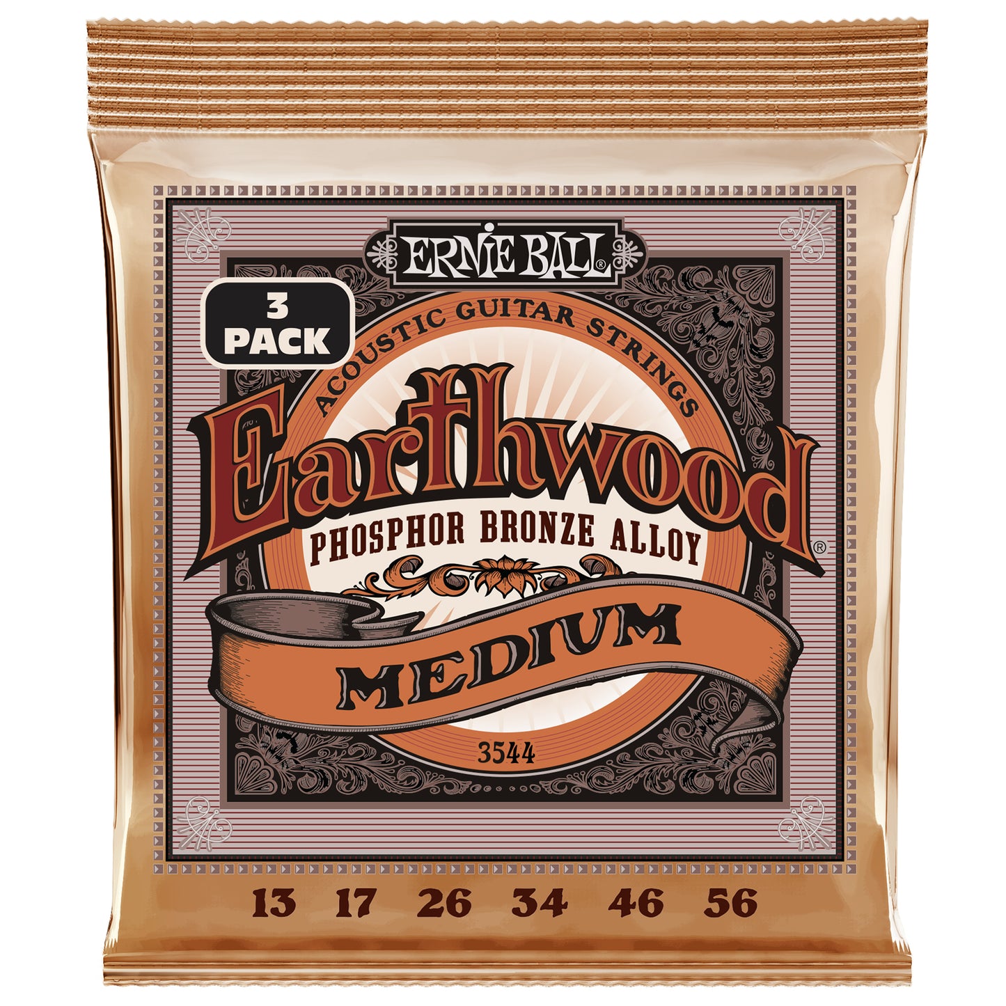 Ernie Ball Earthwood Med Phosphor Bronze Acoustic Guitar Strings 3 Pack, 13-56