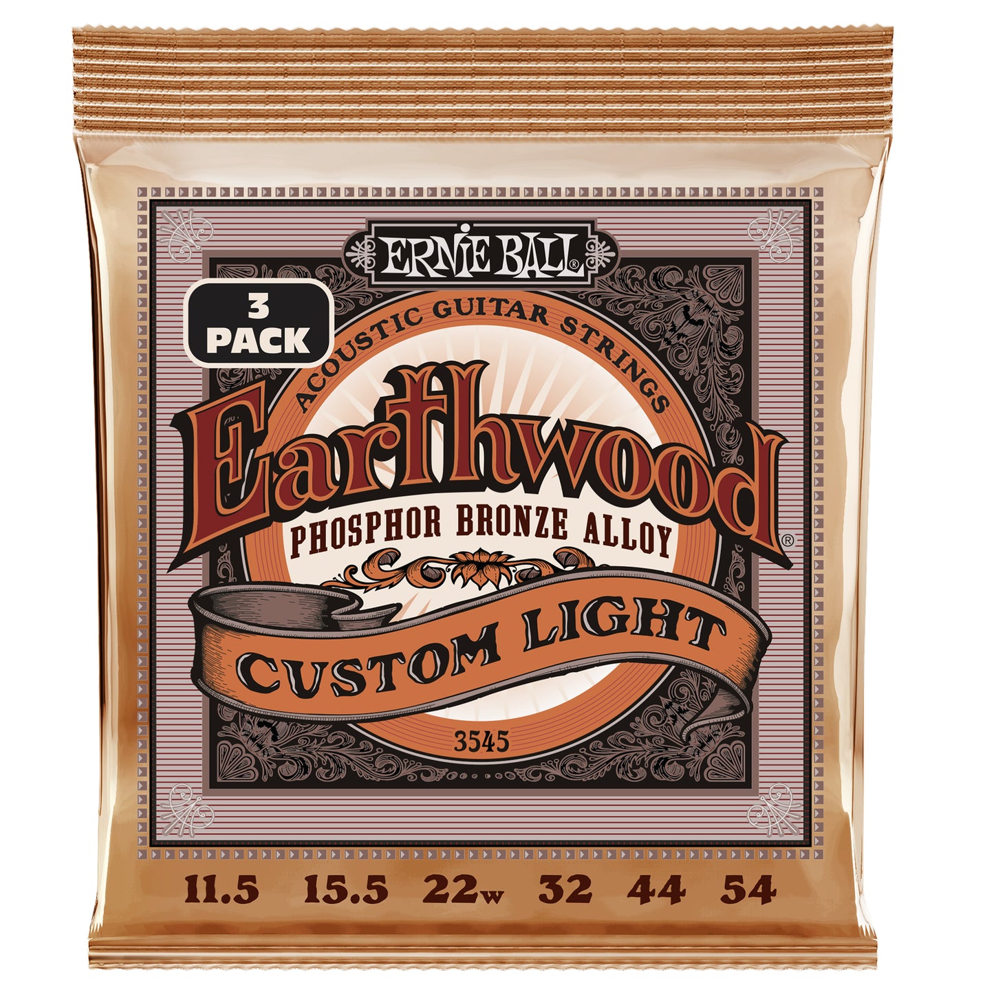 Ernie Ball Earthwood Cust Light Phosphor Bronze Acoustic Strings 3 Pack 11.5-54