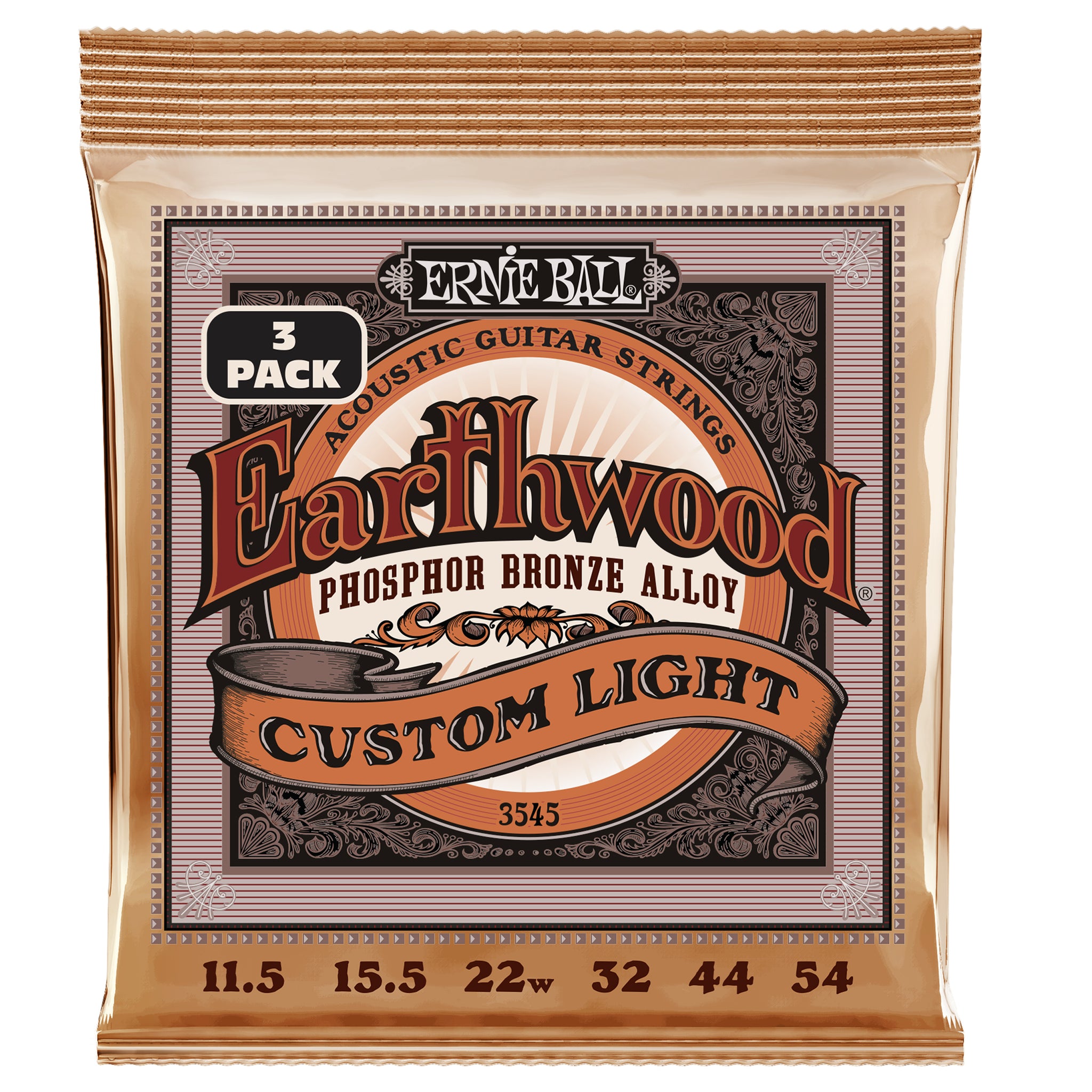 Ernie Ball Earthwood Cust Light Phosphor Bronze Acoustic Strings 3 Pack 11.5-54