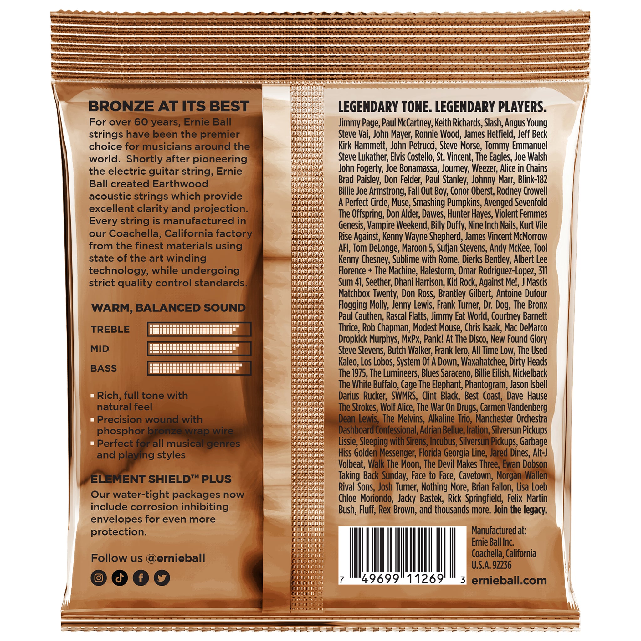Ernie Ball Earthwood Rock and Blues w/ Plain G Phosphor Acoustic Strings 3 Pack