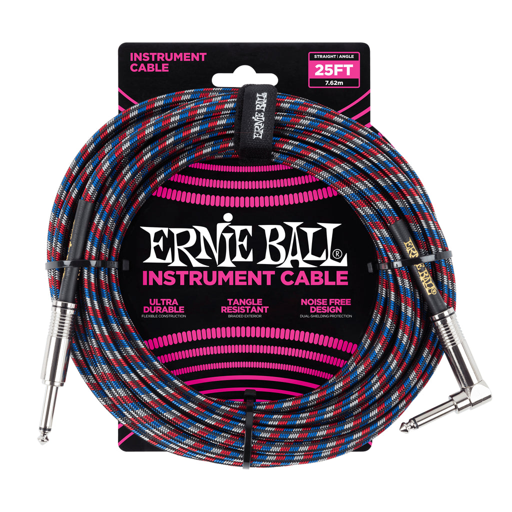 Ernie Ball 25' Braided Straight / Angle Instrument Cable Black/Red/Blue/White
