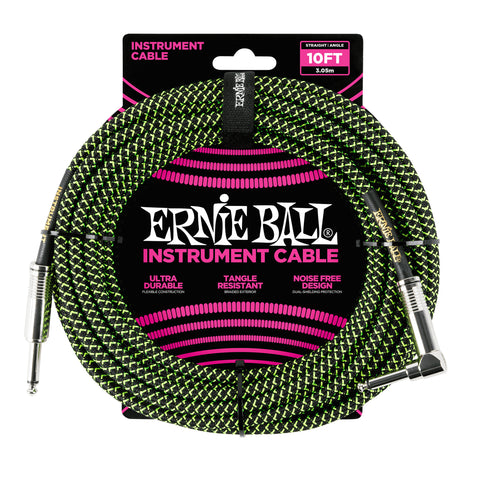 Ernie Ball 10' Braided Straight / Angle Instrument Cable - Black / Green