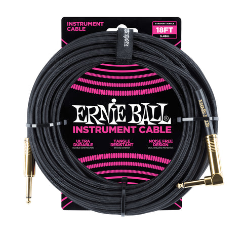 Ernie Ball 18' Braided Straight Angle Instrument Cable Black w/Gold Connectors