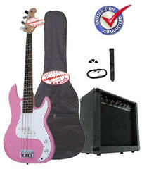 Electric Bass Guitar Pack with 20 Watts Amplifier, Gig Bag, Strap, and Cable, Pink