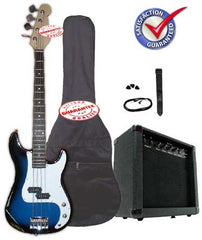 Electric Bass Guitar Pack with 20 Watts Amplifier, Gig Bag, Strap, and Cable, Blueburst