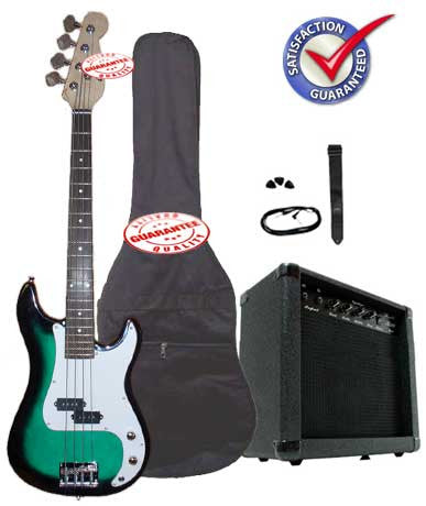 Electric Bass Guitar Pack with 20 Watts Amplifier, Gig Bag, Strap, and Cable, Greenburst