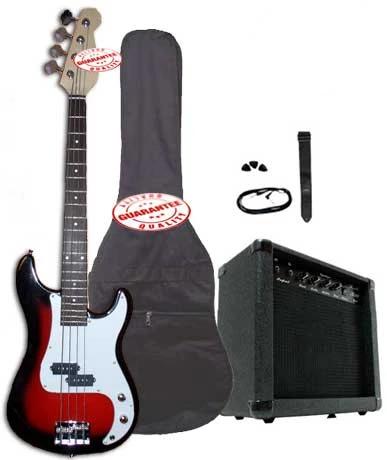 Electric Bass Guitar Pack with 20 Watts Amplifier, Gig Bag, Strap, and Cable, Cherryburst