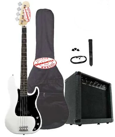 Electric Bass Guitar Pack with 20 Watts Amplifier, Gig Bag, Strap, and Cable, White