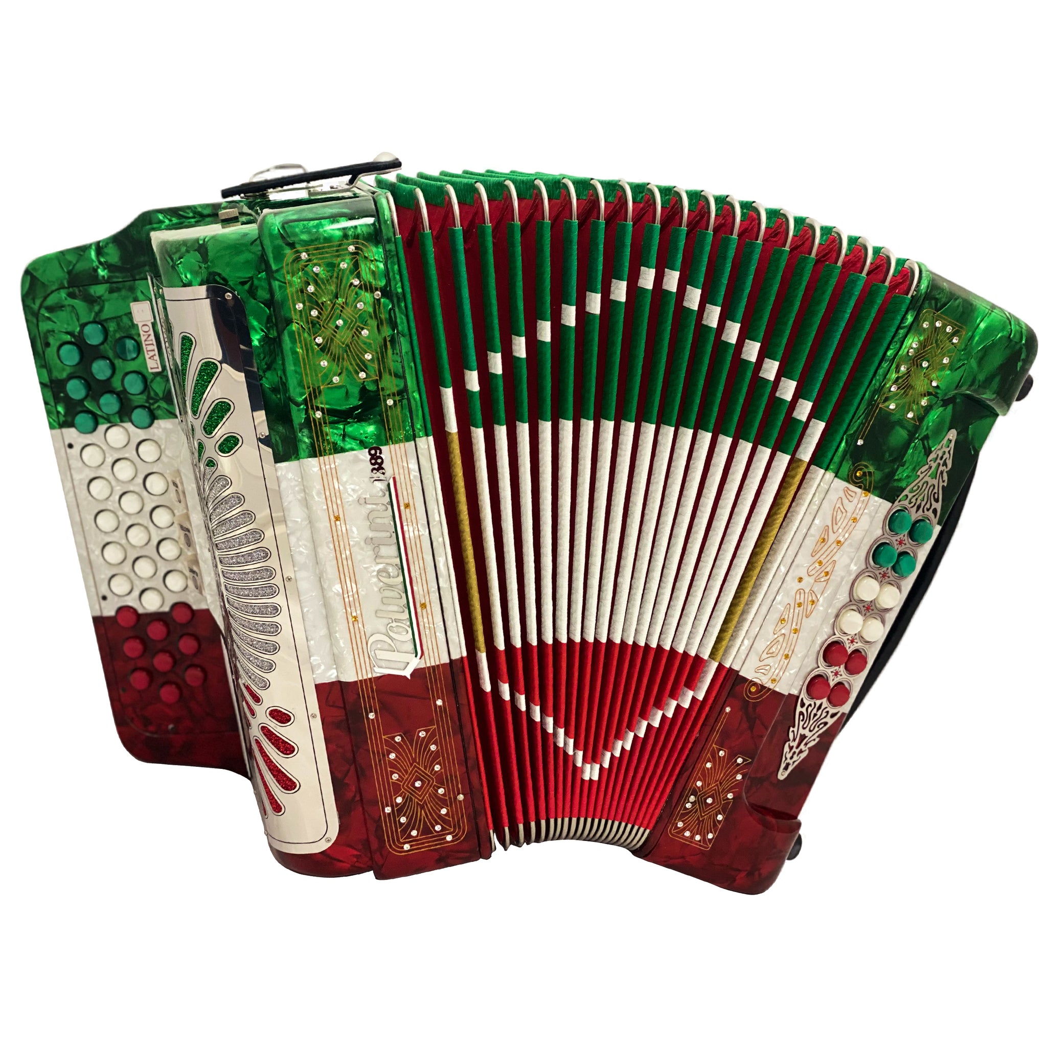 Polverini 34 Button 12 Bass 3 Switches Button Accordion FBE Red, White and Green