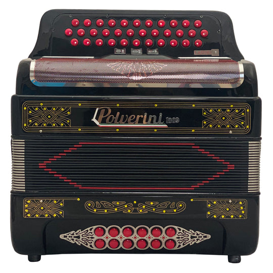 Polverini 34 Button 12 Bass 3 Switches Button Accordion GCF Black and Red