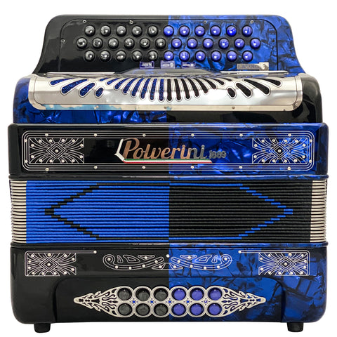 Polverini 34 Button 12 Bass 3 Switches Button Accordion GCF Blue and Black