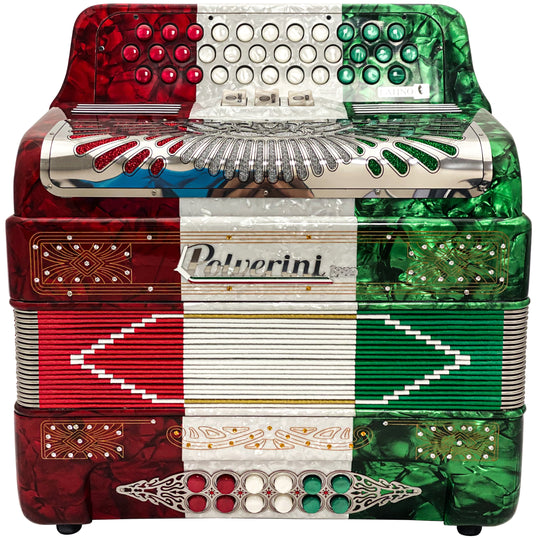 Polverini 34 Button 12 Bass 3 Switches Button Accordion GCF Red, White and Green