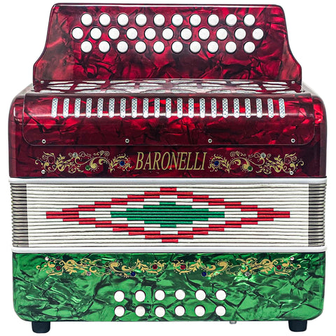 Baronelli Full Size 31 Button 12 Bass Accordion, GCF, Red/White/Green