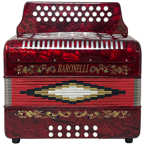 Baronelli Full Size 31 Button 12 Bass Accordion, GCF, With Straps, Case, Red