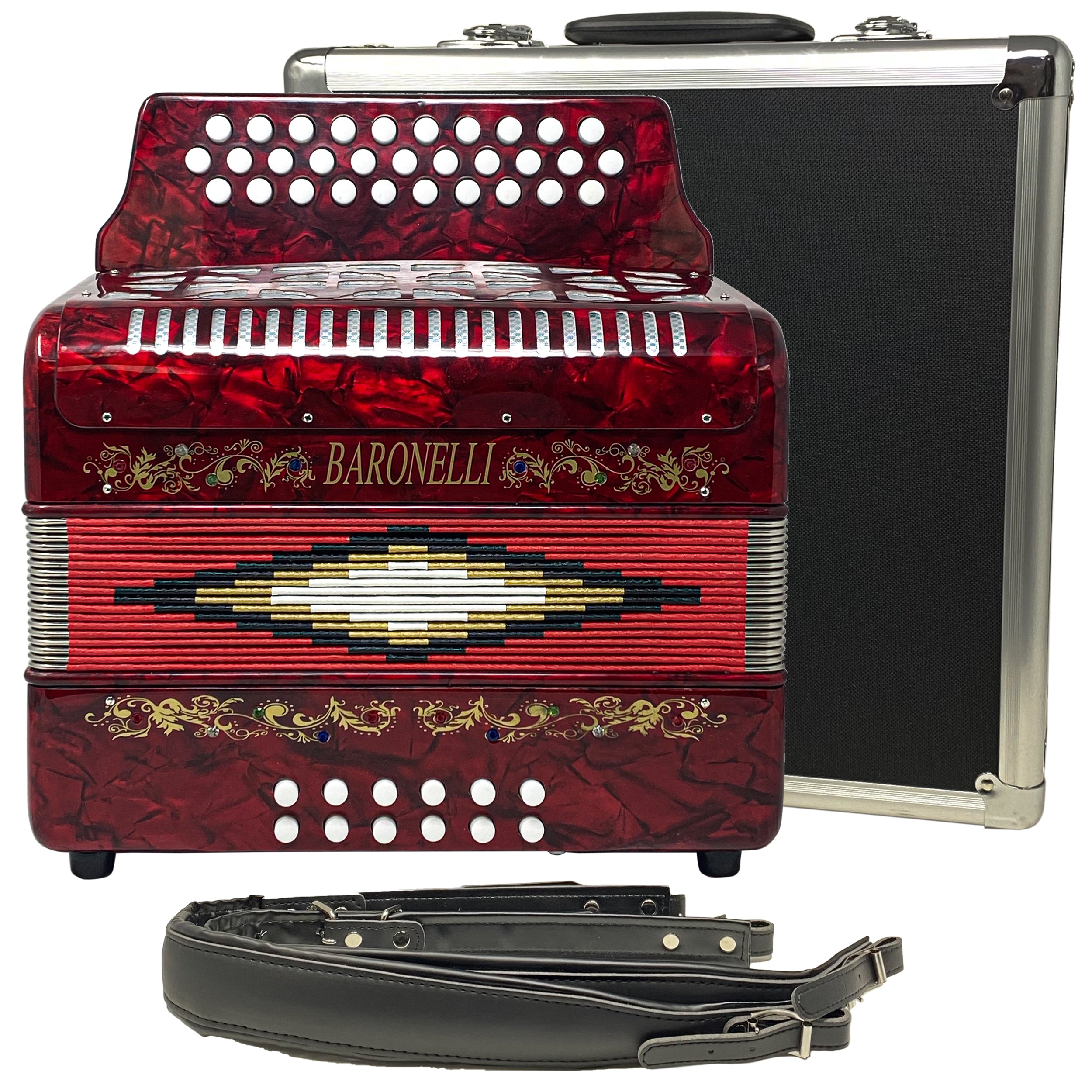 Baronelli 31 Button, 12 Bass Accordion, FBE, With Straps And Case, Red