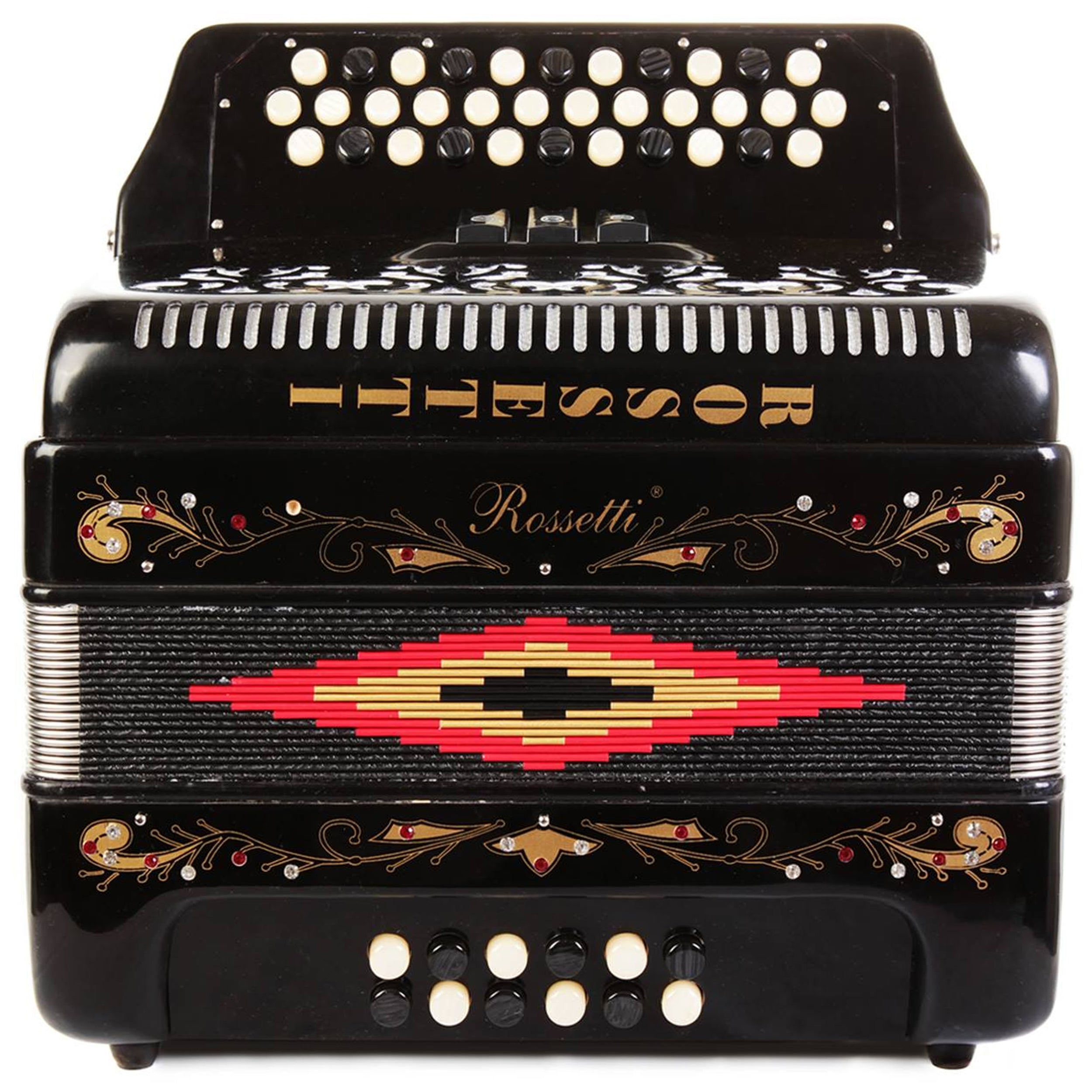 Rossetti 34 Button Accordion 12 Bass 3 Switches FBE Black