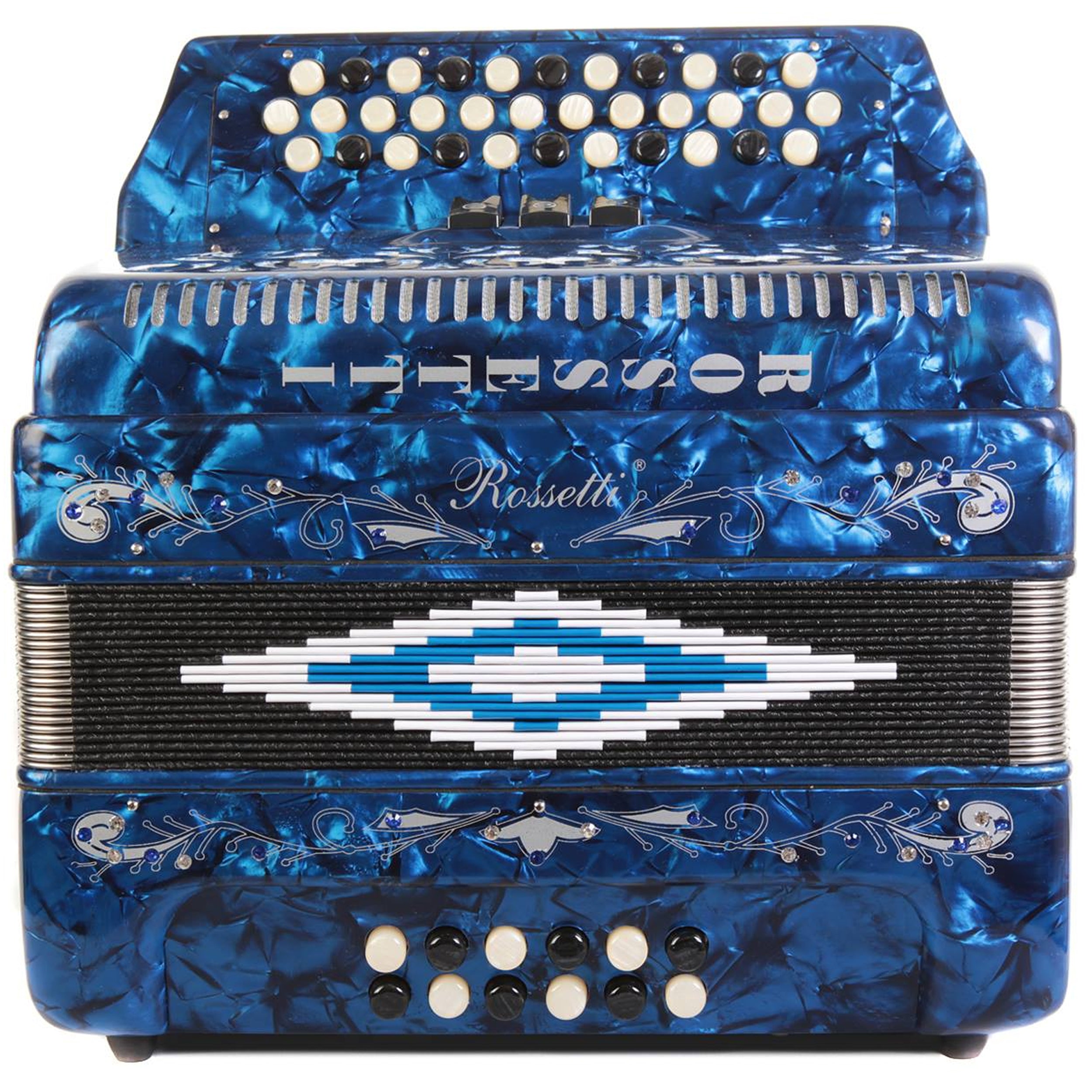 Rossetti 34 Button Accordion 12 Bass 3 Switches GCF Blue