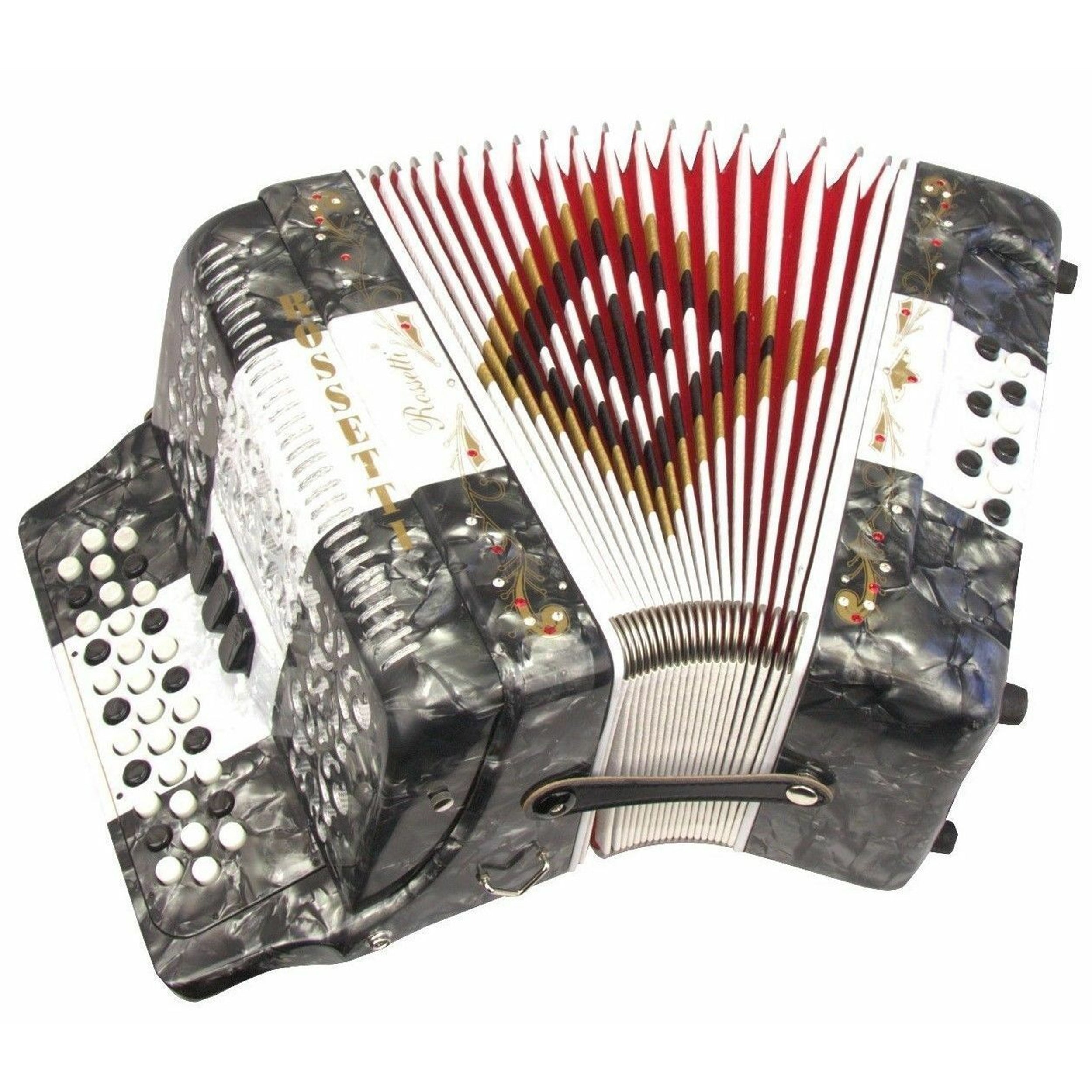 Rossetti 34 Button Accordion 12 Bass 3 Switches GCF Grey White Grey