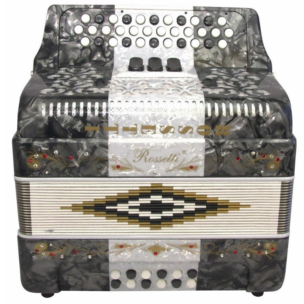 Rossetti 34 Button Accordion 12 Bass 3 Switches FBE Grey White Grey