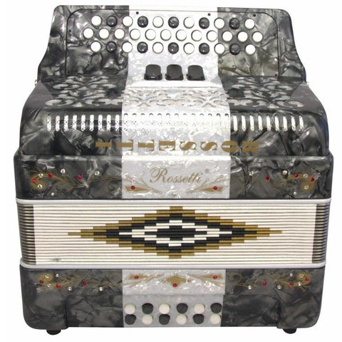 Rossetti 34 Button Accordion 12 Bass 3 Switches GCF Grey White Grey