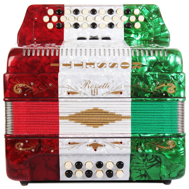 Rossetti 34 Button Accordion 12 Bass 3 Switches FBE Mexican Flag