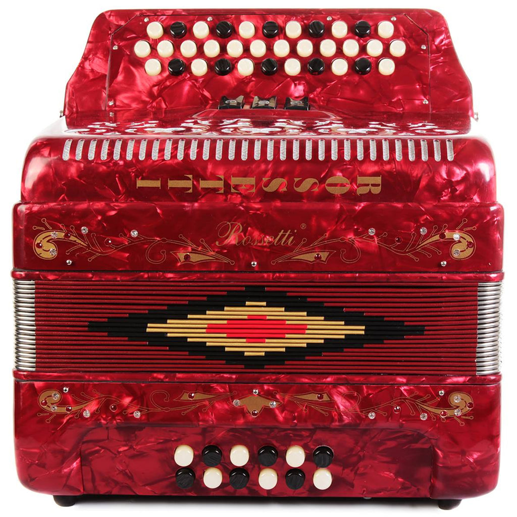 Rossetti 34 Button Accordion 12 Bass 3 Switches GCF Red