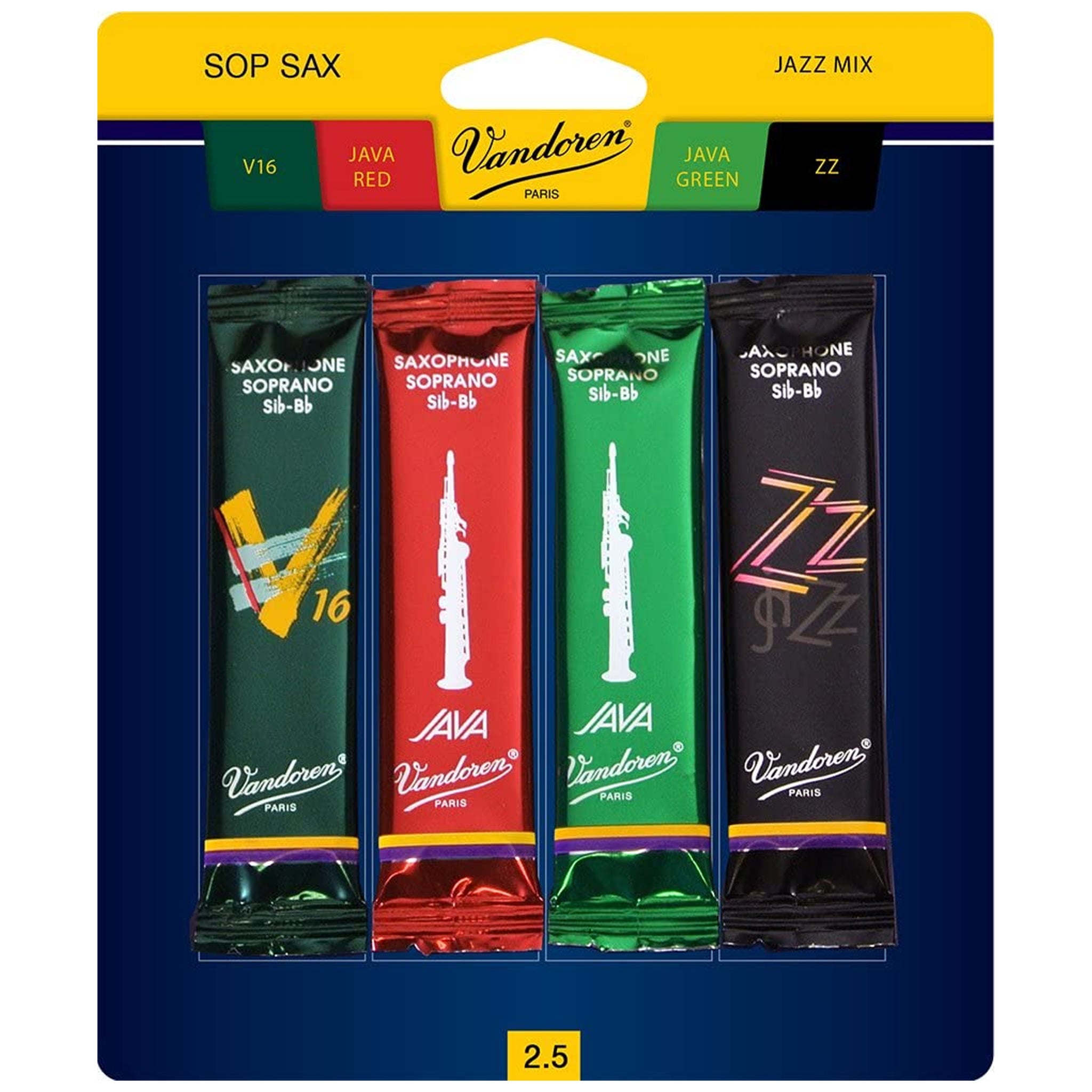Vandoren Soprano Sax Jazz Reed Mix Card, 1 ZZ, V16, Java & Java Red Strength 2.5