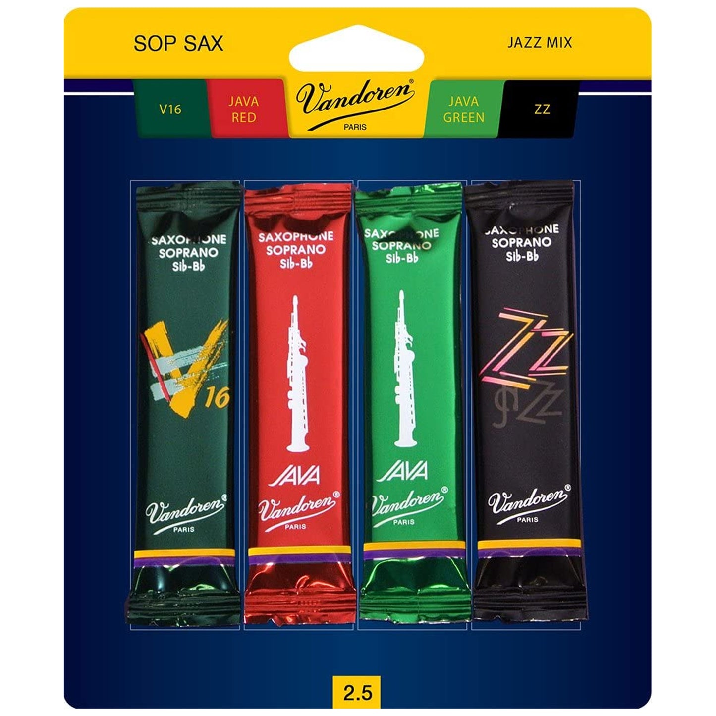 Vandoren Soprano Sax Jazz Reed Mix Card, 1 ZZ, V16, Java & Java Red Strength 3.5
