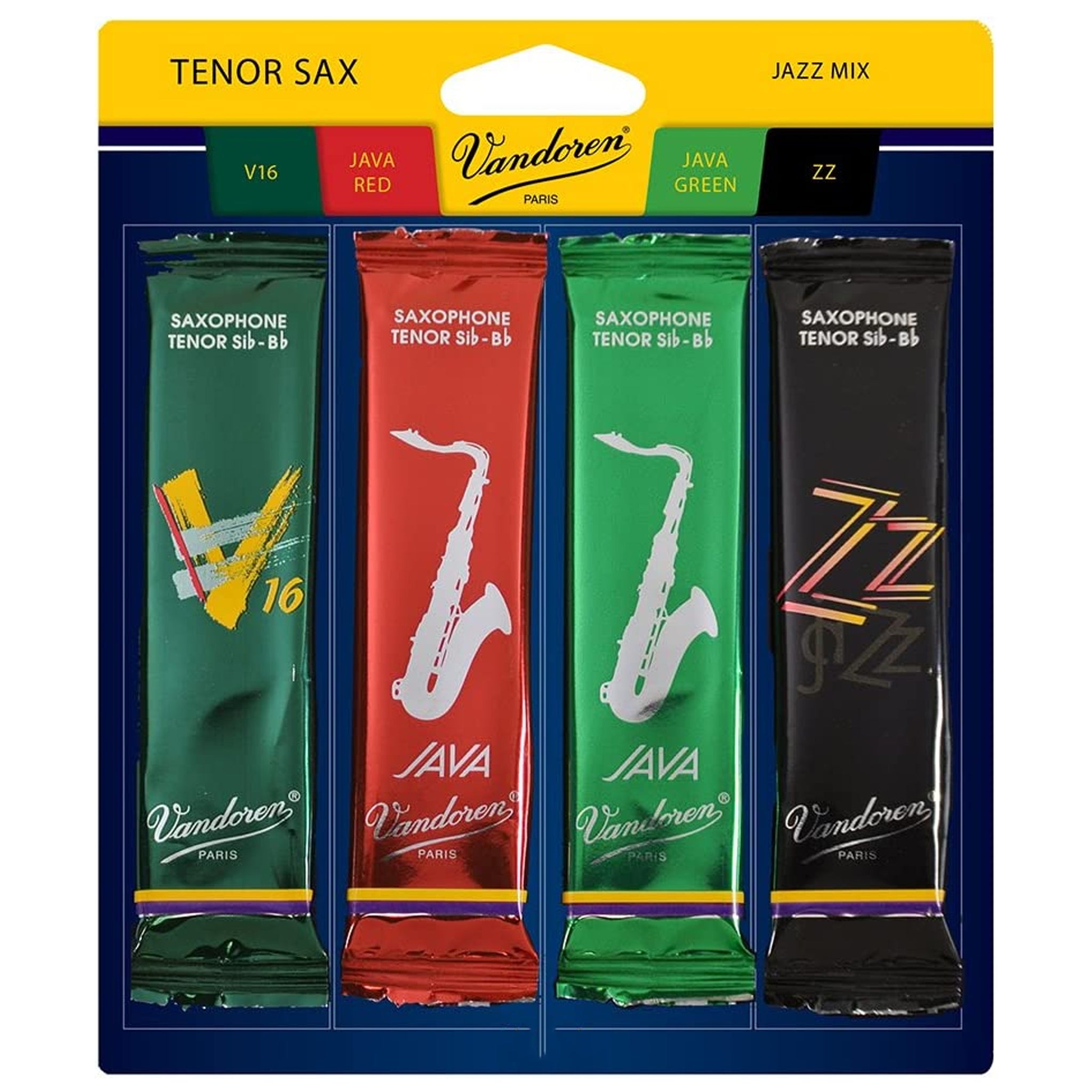 Vandoren Tenor Sax Jazz Reed Mix Card includes 1 ZZ, V16, Java & Java Red Size 2