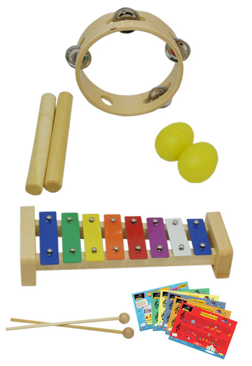 D'Luca Percussion 4 Pack With Glockenspiel, Music Cards, Tambourine, Sticks And Egg Shakers