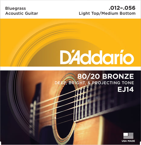 D'Addario EJ14 80/20 Bronze Acoustic Guitar Strings, Light Top/Medium Bottom/Bluegrass, 12-56