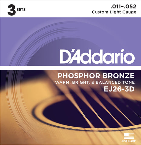 D'Addario EJ26-3D Phosphor Bronze Acoustic Guitar Strings, Custom Light, 11-52, 3 Sets