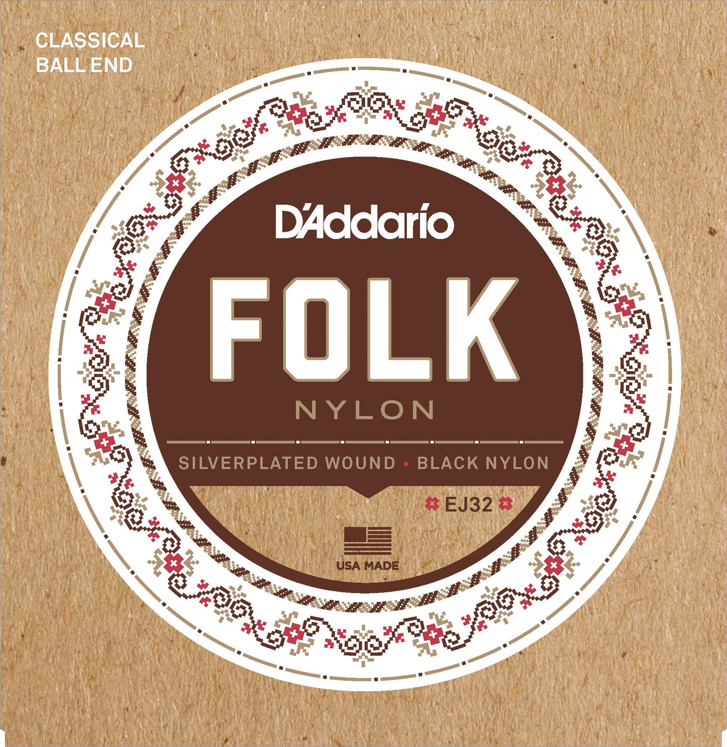 D'Addario EJ32 Folk Nylon Guitar Strings, Ball End, Silver Wound/Black Nylon Trebles