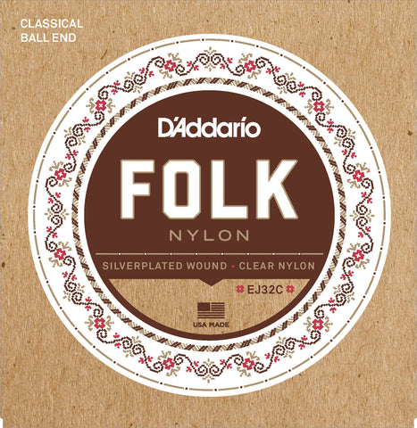 D'Addario EJ32C Folk Nylon Guitar Strings, Ball End, Silver Wound/Clear Nylon Trebles