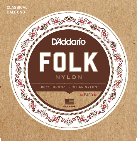 D'Addario EJ33 Folk Nylon Guitar Strings, Ball End, 80/20 Bronze/Clear Nylon Trebles