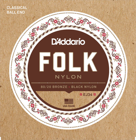 D'Addario EJ34 Folk Nylon Guitar Strings, Ball End, 80/20 Bronze/Black Nylon Trebles